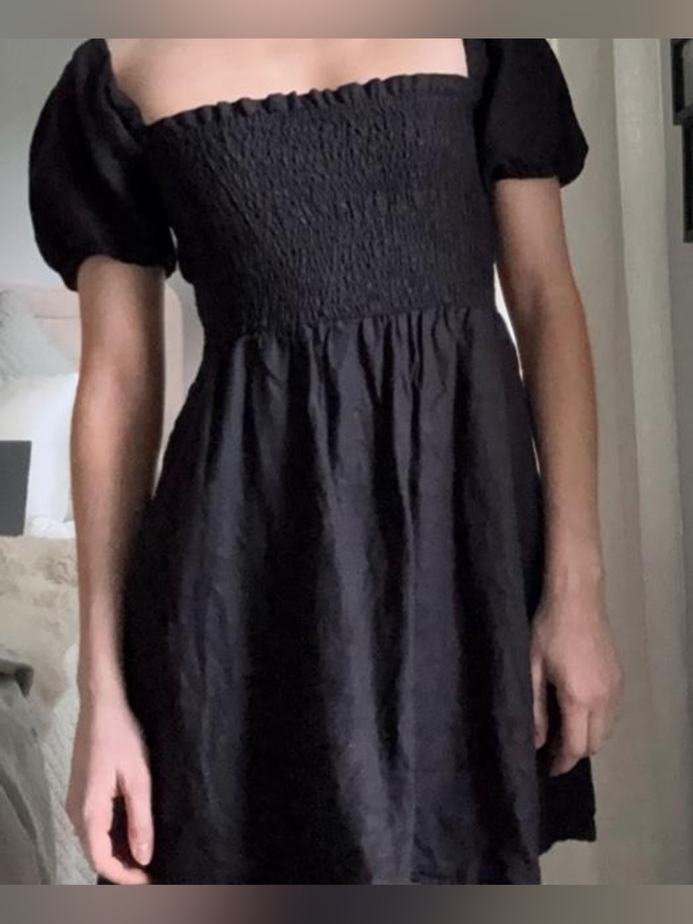 J.Crew Puff-sleeve smocked linen mini dress, black, LARGE NWT
